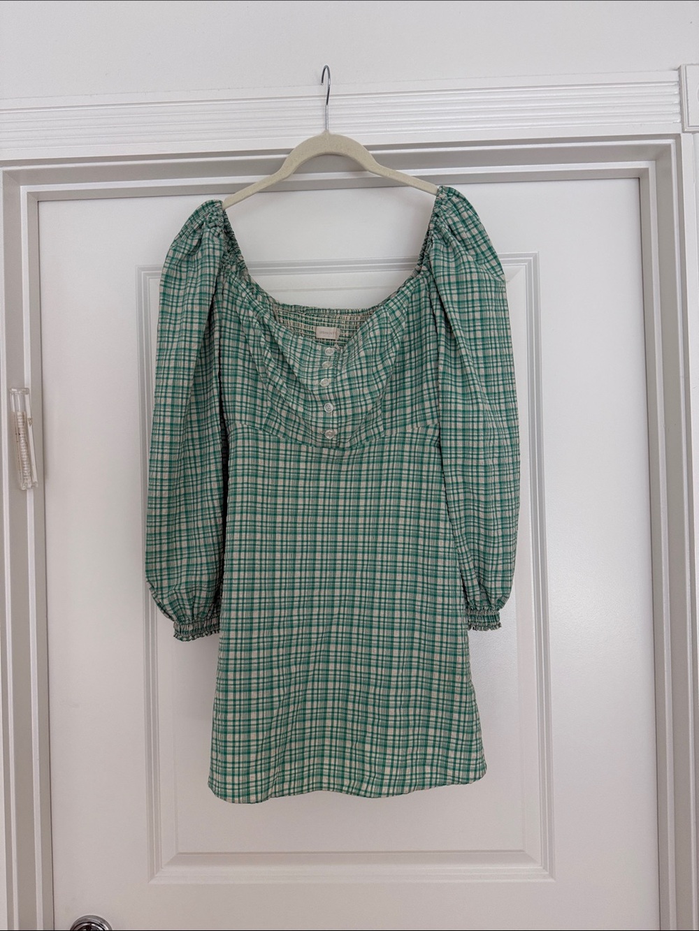 Urban Outfitters Green Plaid Puff-Sleeve Mini Dress